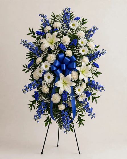 Blue and white standing spray with white lilies, daisies and carnations, blue delphinium and a blue ribbon
