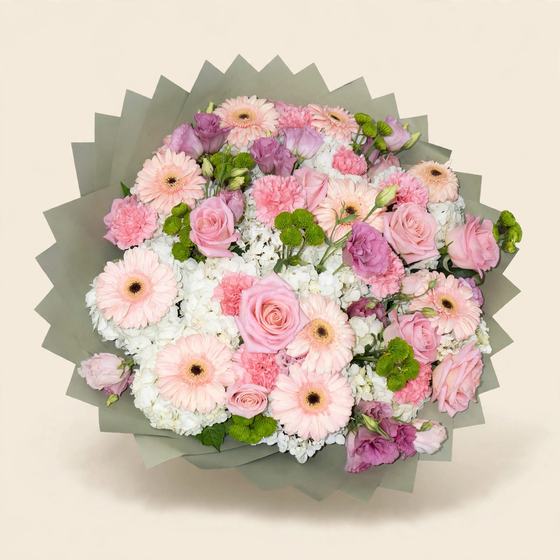 Fifty pink roses with pink gerberas, white hydrangea and green mums in gray wrap