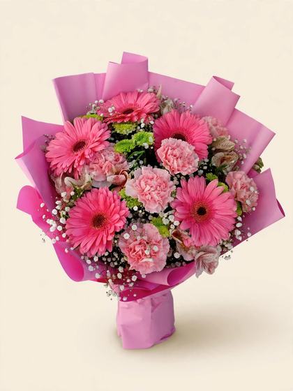 Hot pink gerberas and pink carnations with baby's breath in pink wrap