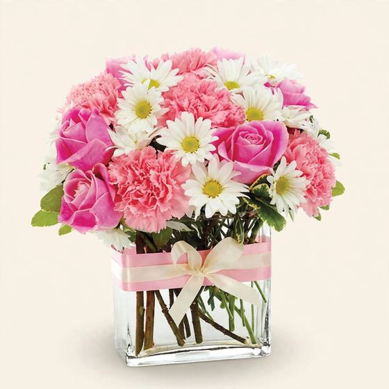 Blush Harmony Bouquet with pink roses, pink carnations and white daisies on a cream background