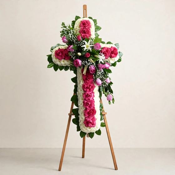 Blush Remembrance Cross with pink roses, white lilies and pink spray roses displayed on a tall wooden easel