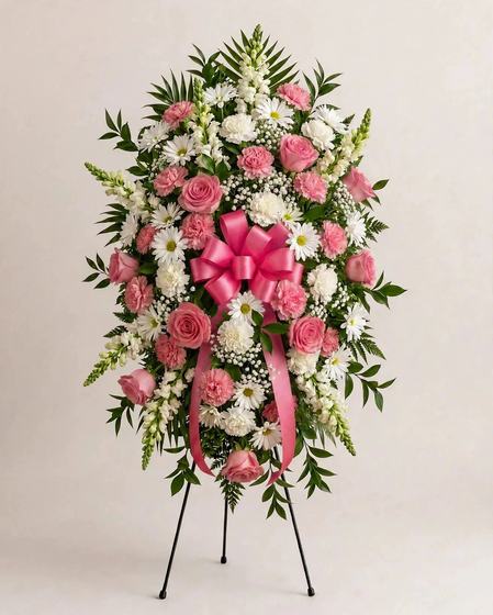 Pink and white standing spray with pink roses and carnations, white daisies and stock, and a pink ribbon