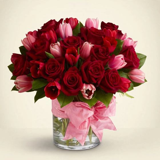 Three dozen red roses and pink tulips with a pink bow in a glass vase on a cream background