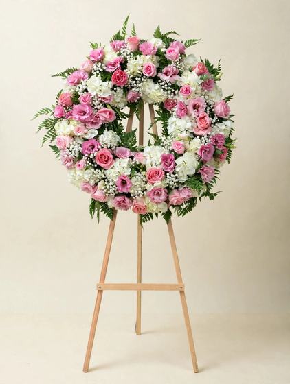 Pink and white funeral wreath with pink roses, white hydrangeas, baby's breath and ferns on a cream background