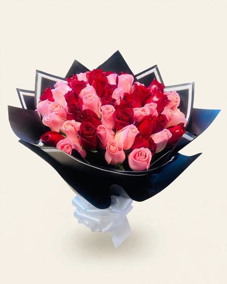 Fifty red and pink roses in elegant black wrap with a white bow