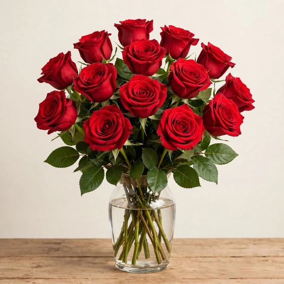 A dozen red roses in a glass vase
