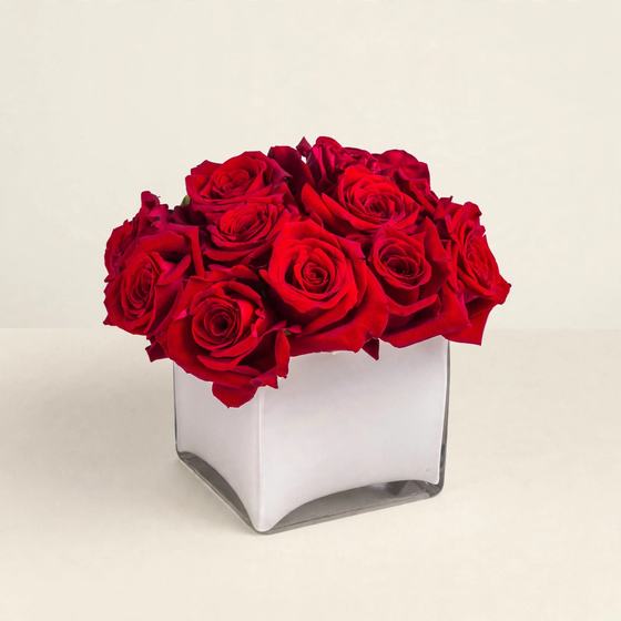 Red roses arranged in a modern white cube vase on a cream background