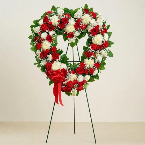 Crimson Devotion Heart Wreath with red roses and white mums on a cream background