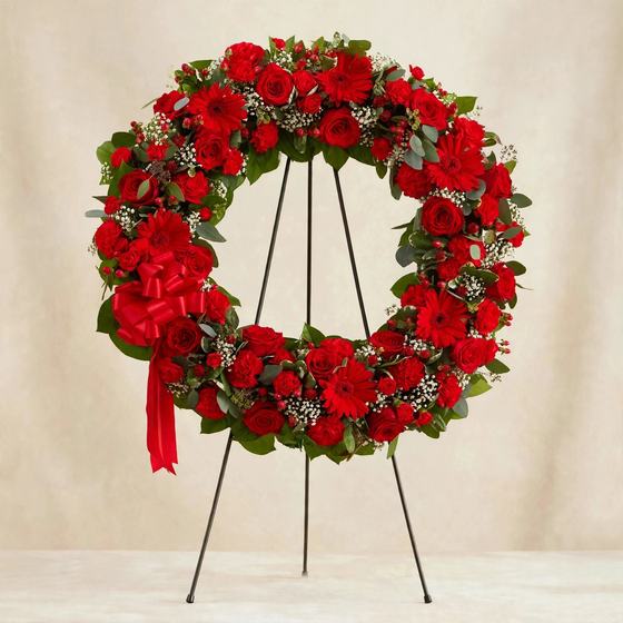 Red funeral wreath with red roses, gerbera daisies, carnations and a red bow on a cream background
