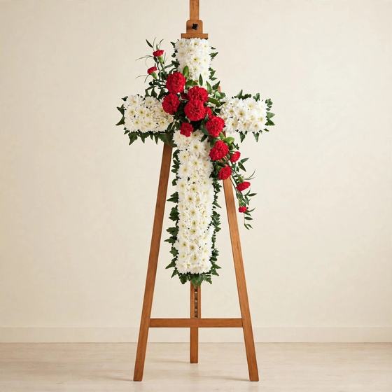 Crimson Faith Cross with white chrysanthemums and red carnations displayed on a tall wooden easel