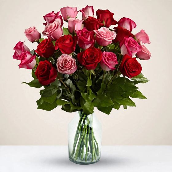 Twenty-four red and pink roses in a glass vase on a cream background