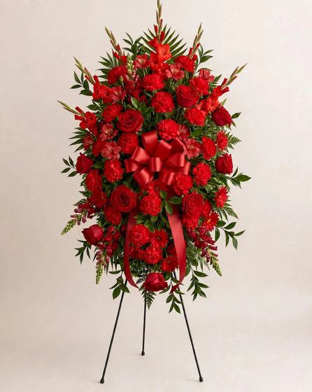 Red standing spray with red roses, carnations, gladiolas and a red ribbon