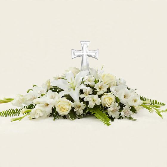 Crystal Cross Casket Spray with white lilies, roses and alstroemeria crowned with a crystal cross