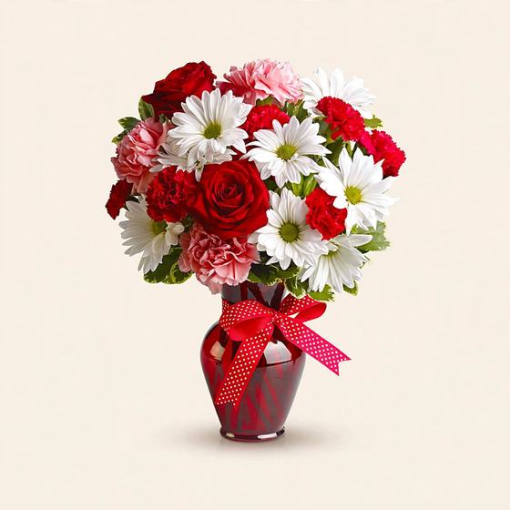 Red roses, white daisies and carnations in a red vase with a red polka-dot bow
