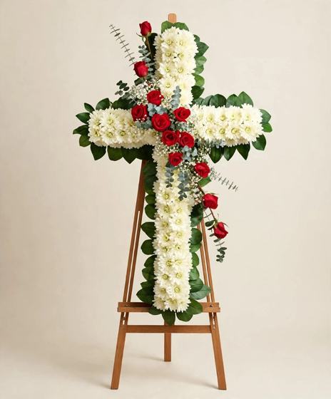 Eternal Love Cross with white chrysanthemums and red roses displayed on a tall wooden easel