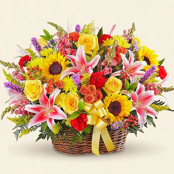 Sunflowers, pink stargazer lilies, yellow roses, red carnations, orange spray roses and purple liatris in a wicker basket with a yellow bow on a cream background