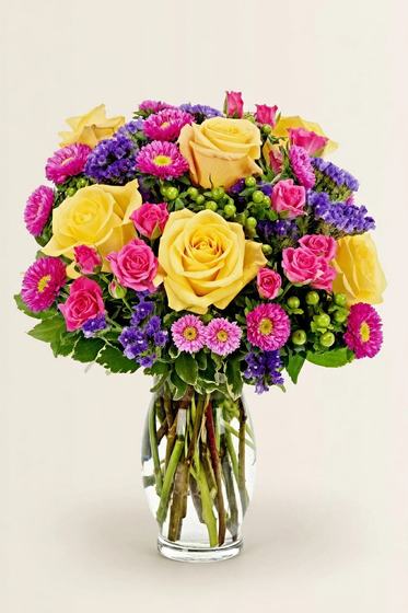 Yellow roses, pink spray roses, purple statice and pink asters arranged in a clear glass vase