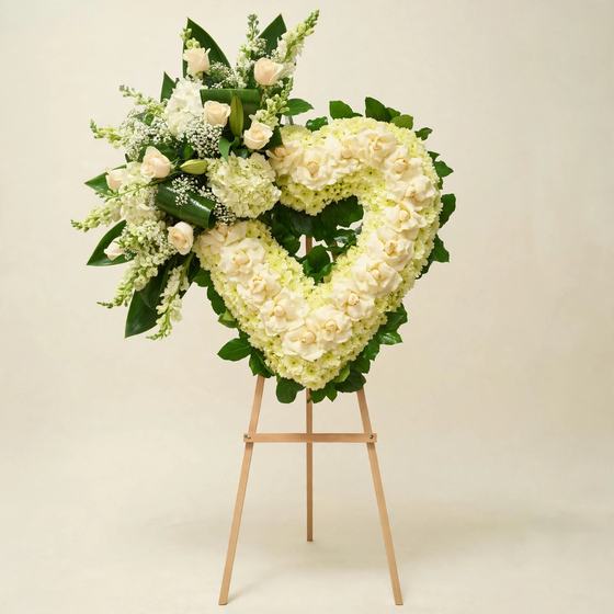 Ivory Serenity Heart Wreath of ivory roses, white hydrangea and white stock on a cream background
