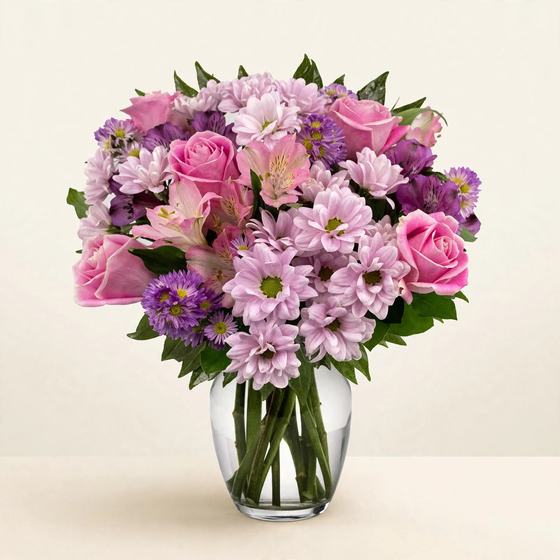 Lavender Bliss Bouquet with pink roses, lavender daisies and pink alstroemeria on a cream background