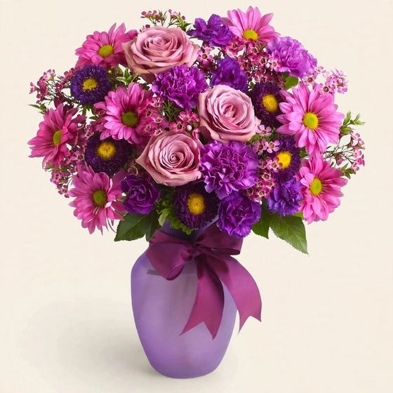 Lavender roses, pink and purple daisies, and purple carnations in a lavender vase with a satin bow