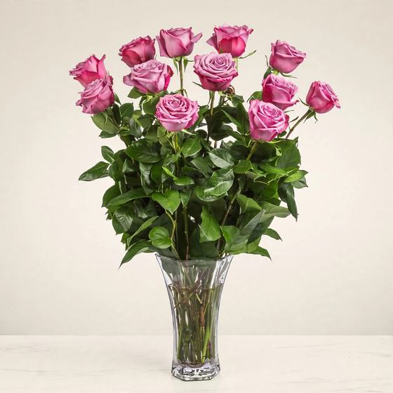 Lavender Rose Elegance Bouquet with lavender and pink roses on a cream background