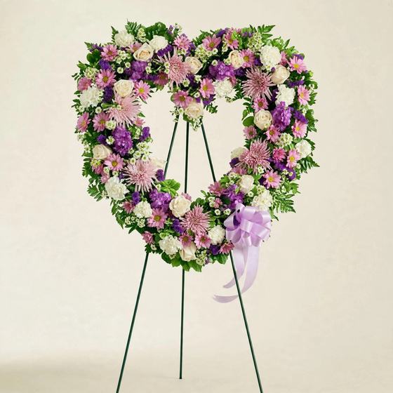 Lavender Serenity Heart Wreath with purple and pink mums and lavender roses on a cream background