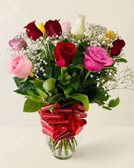 Red, pink, white and yellow roses with baby's breath and a red bow in a glass vase