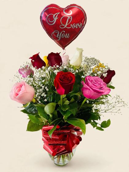Mixed roses with baby's breath and an I Love You heart balloon