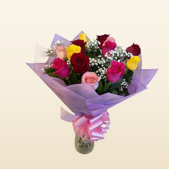 Red roses displayed in an elegant basket