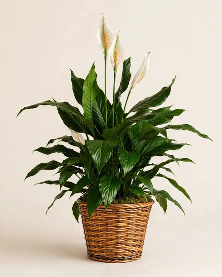 Peace lily plant with white flowers in a wicker basket on a cream background