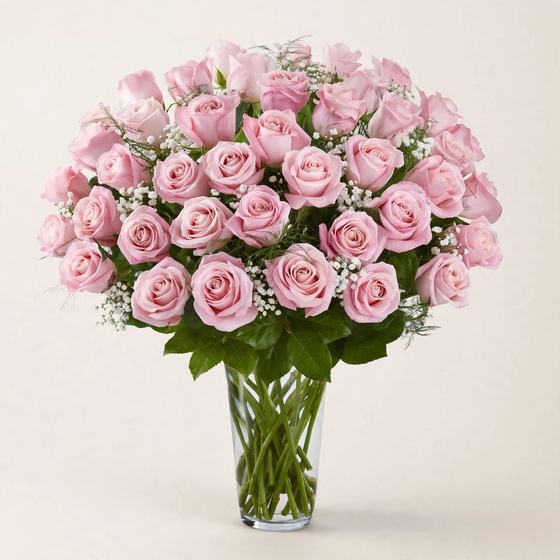 Fifty light pink roses with baby's breath in a clear glass vase on a cream background