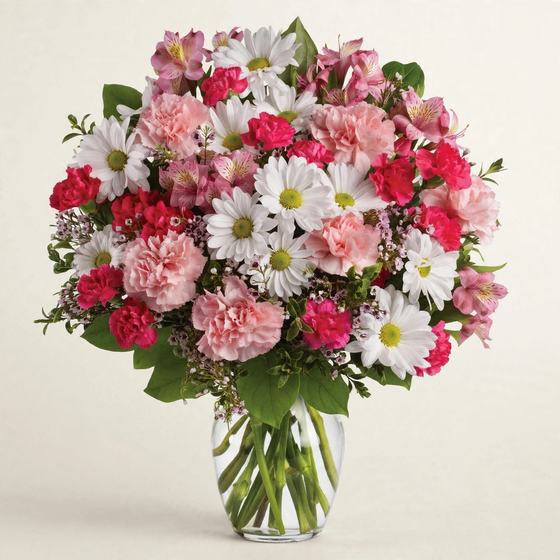 Pink carnations, white daisies and pink alstroemeria arranged in a glass vase on a cream background