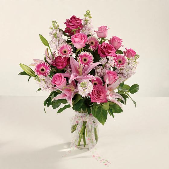 Pink roses, pink lilies and pink gerbera daisies in a glass vase on a cream background