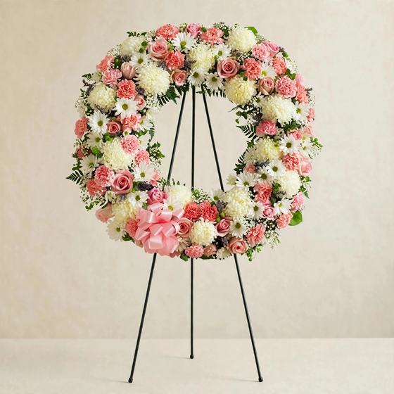 Pink and white funeral wreath with pink roses, carnations, white daisies, chrysanthemums and a pink satin bow on a cream background