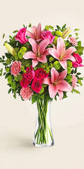 Pink Lily Passion Bouquet with pink lilies, hot pink roses, green mums and pink carnations on a cream background
