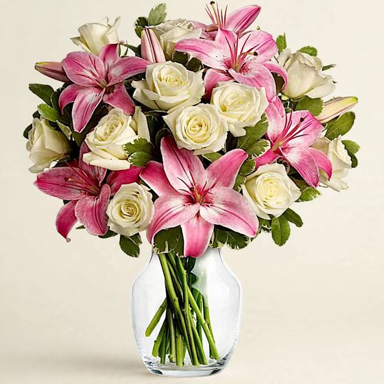 Pink Lily and Rose Bouquet with pink lilies and white roses on a cream background
