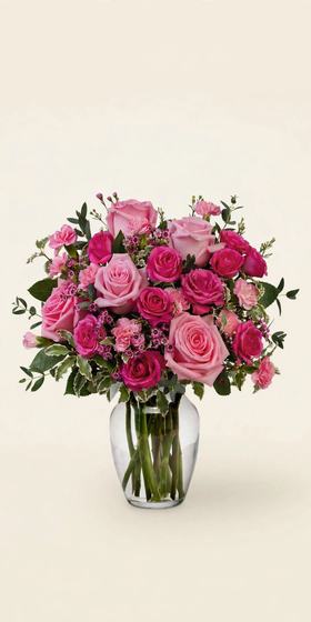Pink Rose Delight Bouquet of pink roses on a cream background