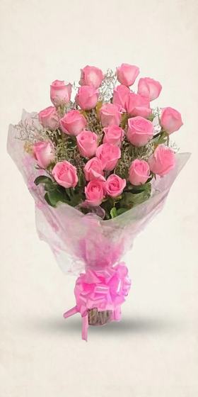 Two dozen pink roses wrapped in pink paper with a pink bow