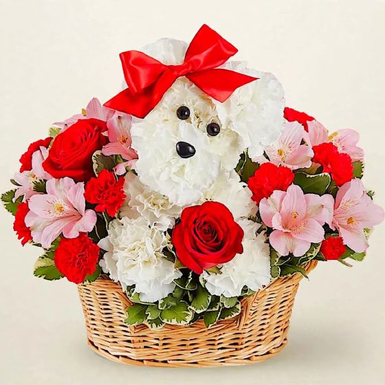 Puppy made of white carnations with a red bow, red roses and pink alstroemeria in a wicker basket