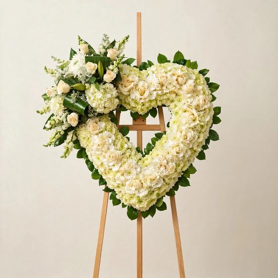 Pure White Heart Wreath of white roses, mums and hydrangea on a cream background