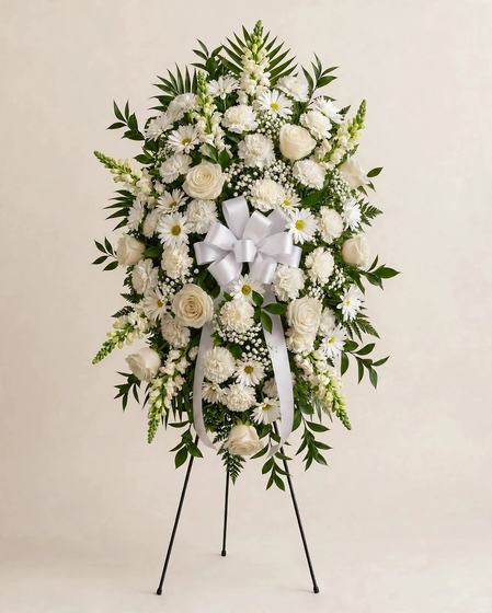 All-white standing spray with roses, daisies, carnations, stock and a white satin ribbon