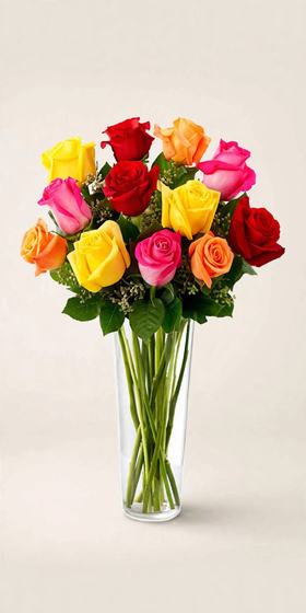 A dozen red, yellow, orange and pink roses arranged in a tall glass vase on a cream background