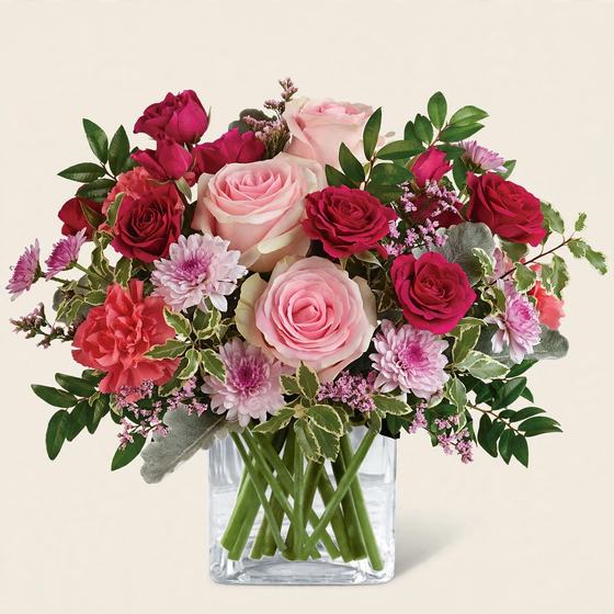 Rose Embrace Bouquet with red and pink roses and pink carnations on a cream background