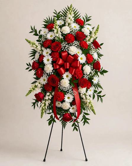 Red and white standing spray with red roses and carnations, white daisies and stock, and a red ribbon