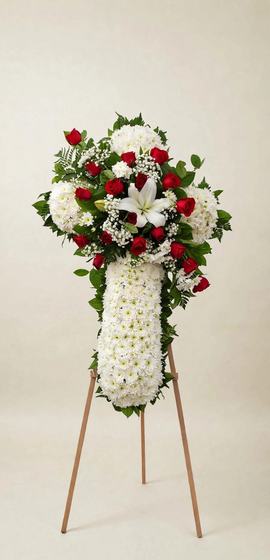 Scarlet Devotion Cross with white flowers, red roses and white lilies displayed on a tall wooden easel