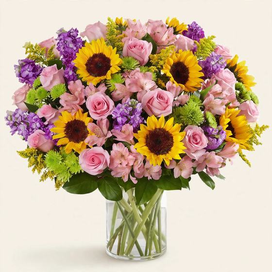 Sunflower Bliss Bouquet with sunflowers, pink roses, purple statice and greenery in a clear glass vase