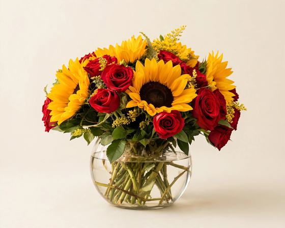Red roses and yellow sunflowers arranged in a glass bowl