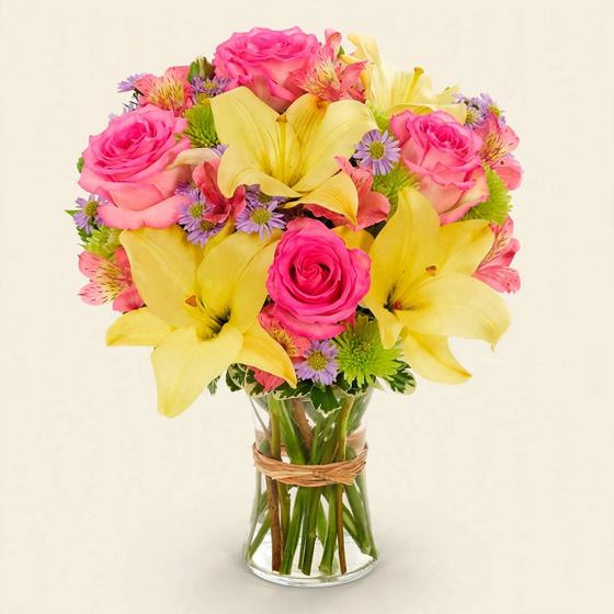 Sunshine and Roses Bouquet with pink roses, yellow lilies and purple daisies on a cream background