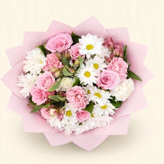Pink roses, pink carnations and white daisies wrapped in pink paper on a cream background