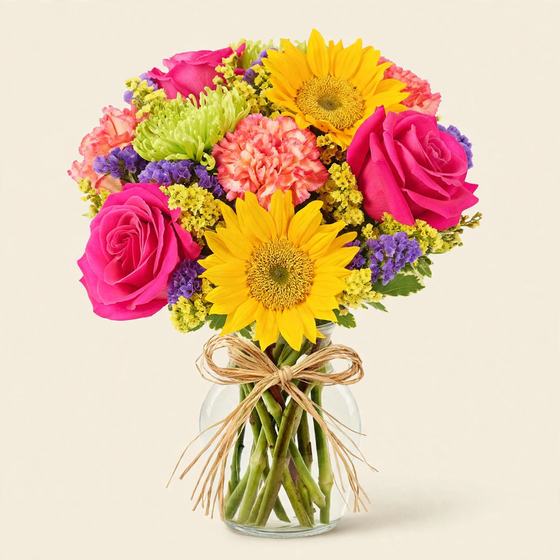 Pink roses, a sunflower, pink carnations and purple statice